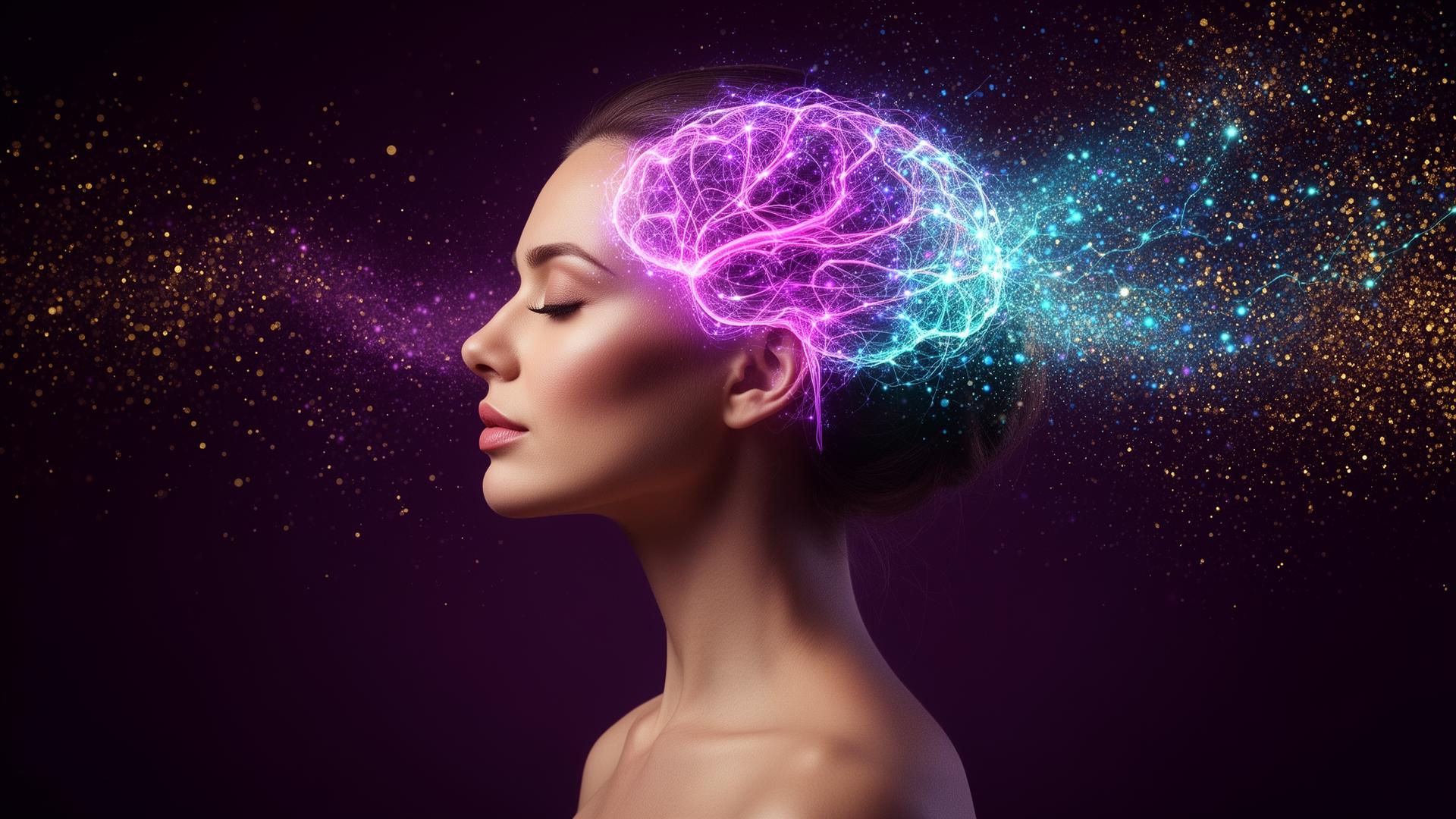 Mujer en transformación neuronal con luz púrpura, fucsia y aqua