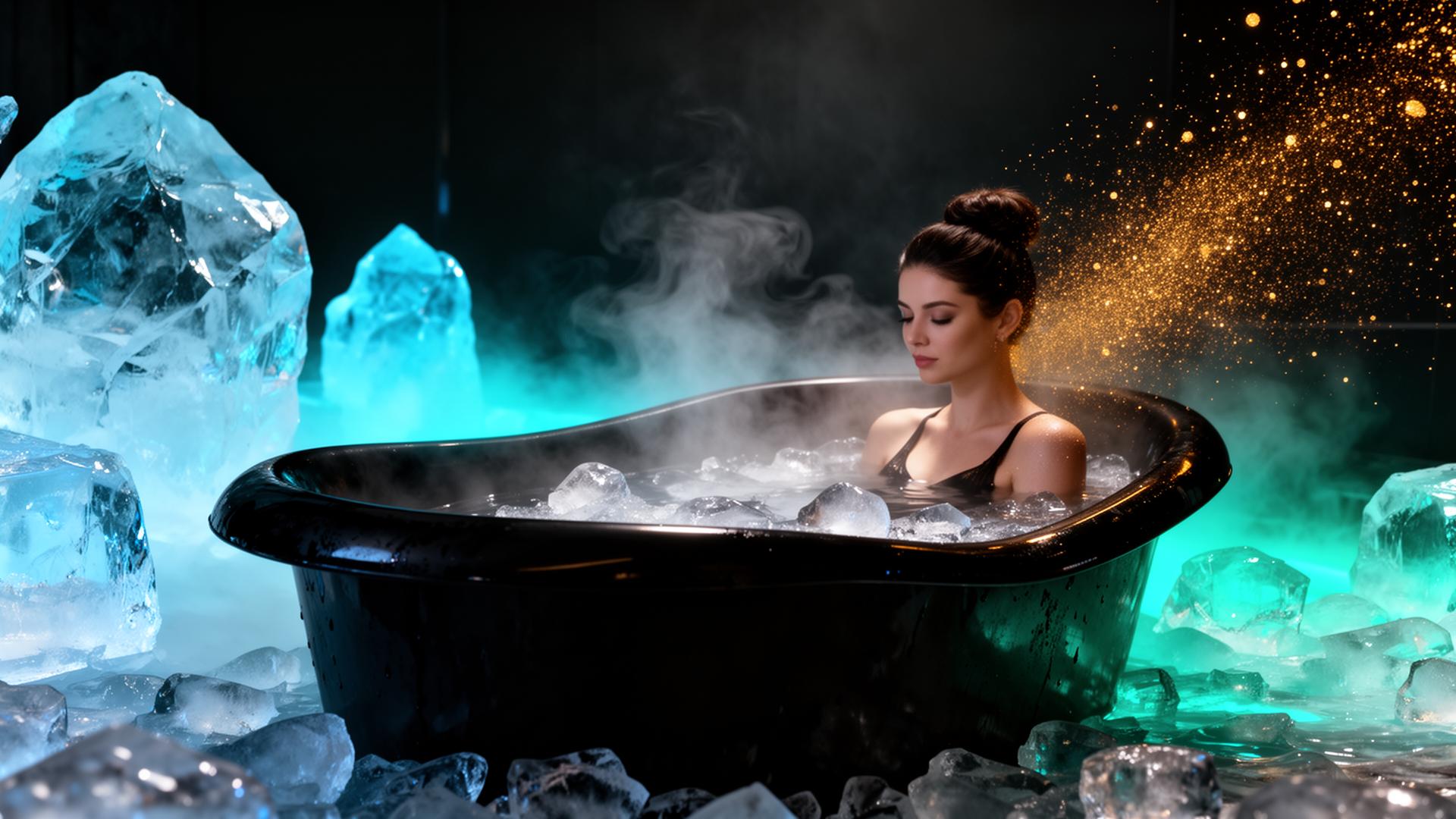 Inmersión en hielo bajo iluminación luxe aqua y dorada